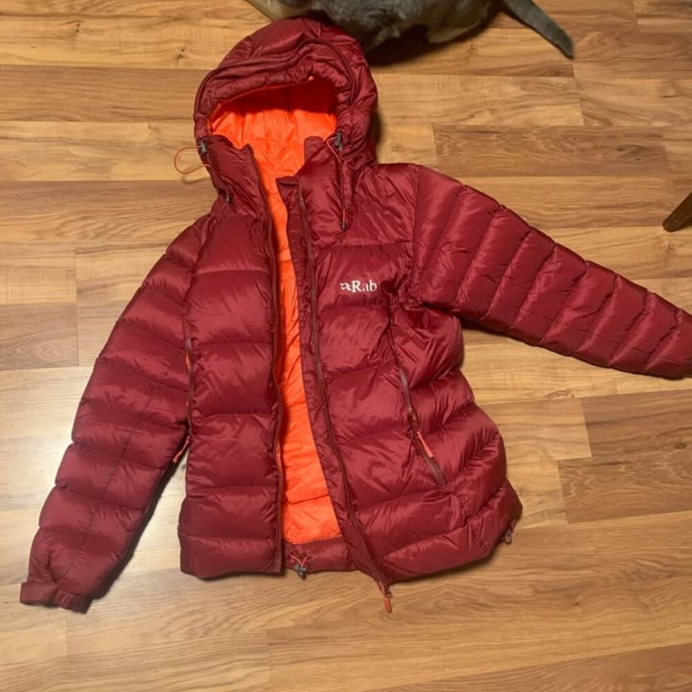 rab womens positron hooded down puffy jacket xs